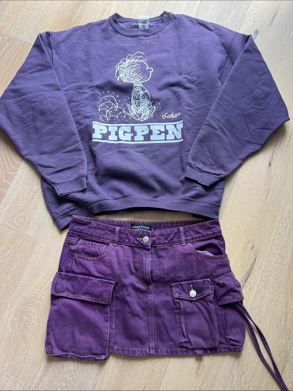 Pigpen Purple Sweatshirt XXL and Purple Cargo Skirt